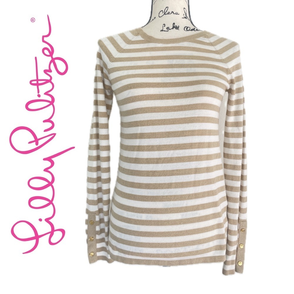 Lilly Pulitzer Dinah Sweater Gold Metallic Striped Golden Buttons Sz XS Preppy